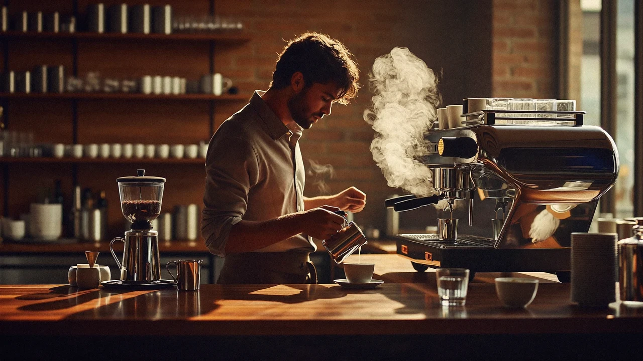 Barista napařuje mléko u chromového espresso kávovaru v teplém ranním světle