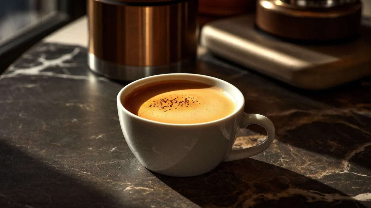 Čerstvě natažené dvojité espresso se zlatavou krémou v bílém šálku