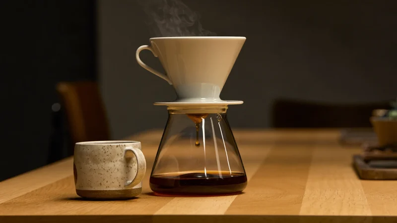 Filtrovaná káva kapající přes keramický dripper do skleněné konvice