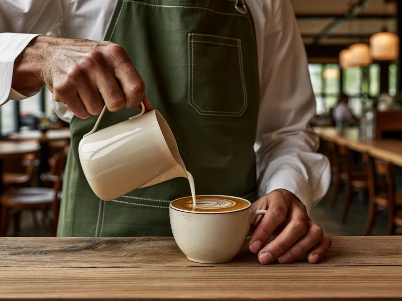 Barista nalévá latte art do keramického šálku přes kavárenský pult